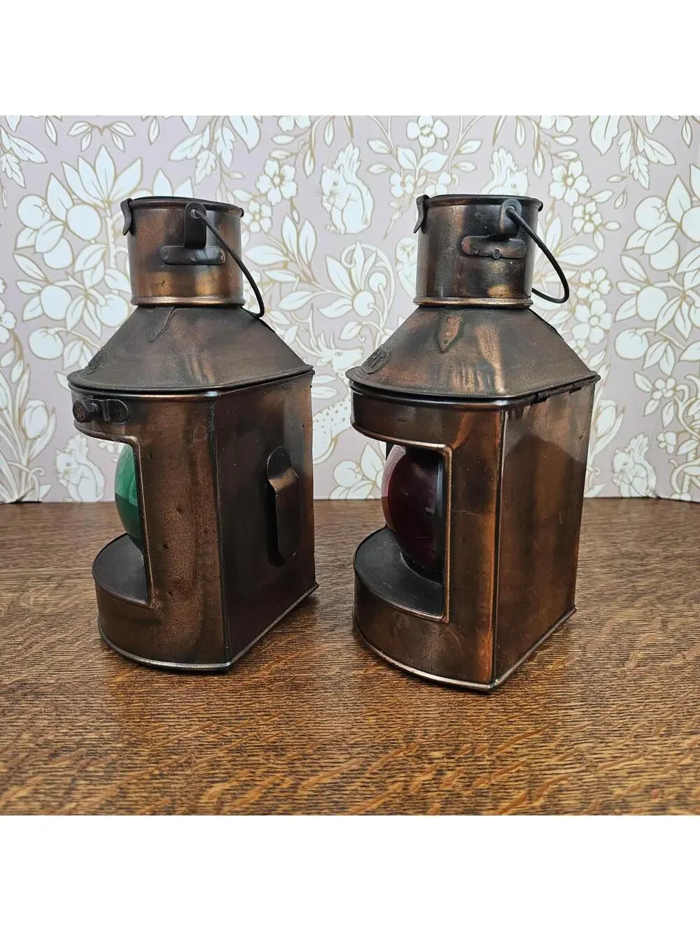 Vtg Nautical Port Starboard Oil Lanterns Brass Tone Navigation Red Green Glass